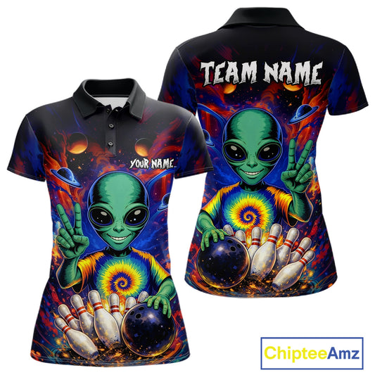 Funny Colorful Galaxy Alien Bowling Shirts For Women Custom Bowling Team Outfit, Gift For Bowler NQS11444
