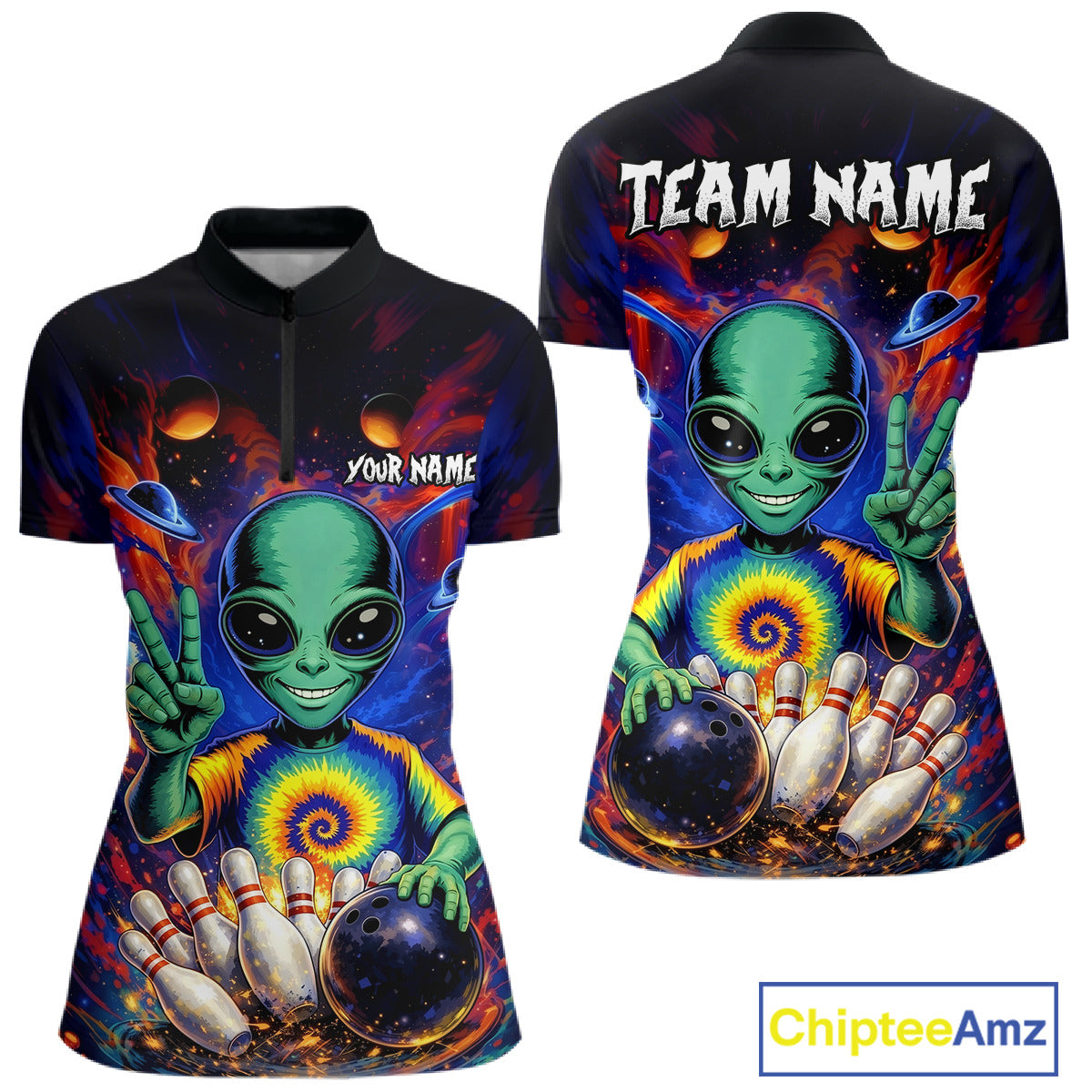 Funny Colorful Galaxy Alien Bowling Shirts For Women Custom Bowling Team Outfit, Gift For Bowler NQS11444