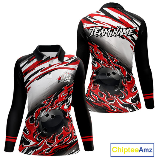 Red Flame Bowling Polo, Quarter Zip Shirts For Women Custom Bowling Team Jerseys, Gift For Bowlers NQS11738