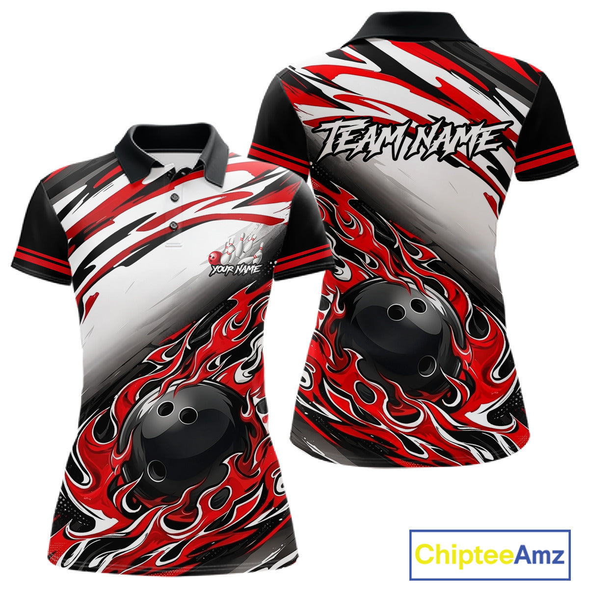 Red Flame Bowling Polo, Quarter Zip Shirts For Women Custom Bowling Team Jerseys, Gift For Bowlers NQS11738