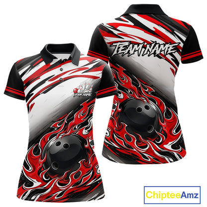 Red Flame Bowling Polo, Quarter Zip Shirts For Women Custom Bowling Team Jerseys, Gift For Bowlers NQS11738