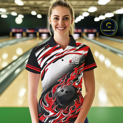 Red Flame Bowling Polo, Quarter Zip Shirts For Women Custom Bowling Team Jerseys, Gift For Bowlers NQS11738
