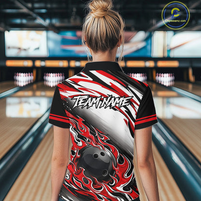 Red Flame Bowling Polo, Quarter Zip Shirts For Women Custom Bowling Team Jerseys, Gift For Bowlers NQS11738