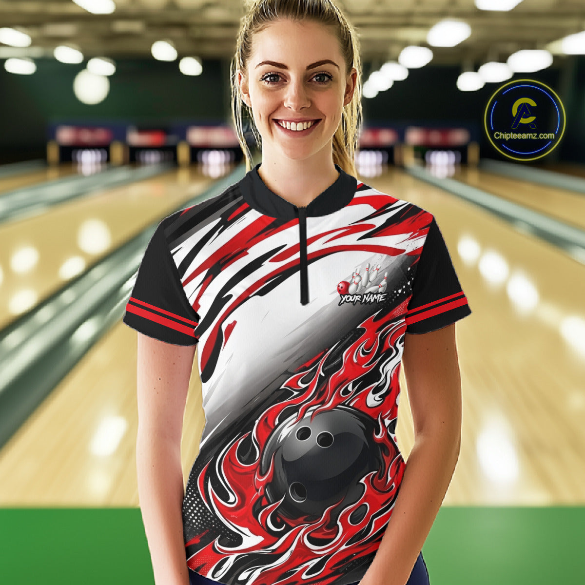 Red Flame Bowling Polo, Quarter Zip Shirts For Women Custom Bowling Team Jerseys, Gift For Bowlers NQS11738