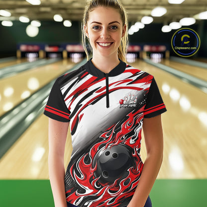 Red Flame Bowling Polo, Quarter Zip Shirts For Women Custom Bowling Team Jerseys, Gift For Bowlers NQS11738