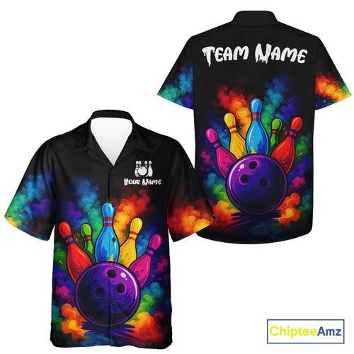 Custom Colorful Smoke Bowling Hawaiian Shirts For Men, Bowling Uniform Team Bowling Jerseys NQS10647