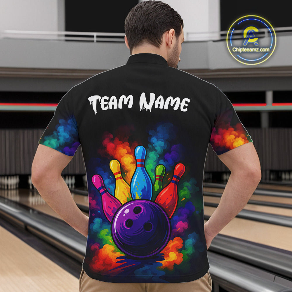 Custom Colorful Smoke Bowling Polo, Quarter Zip Shirt for Men, Bowling Uniform Team Bowling Jerseys NQS10647