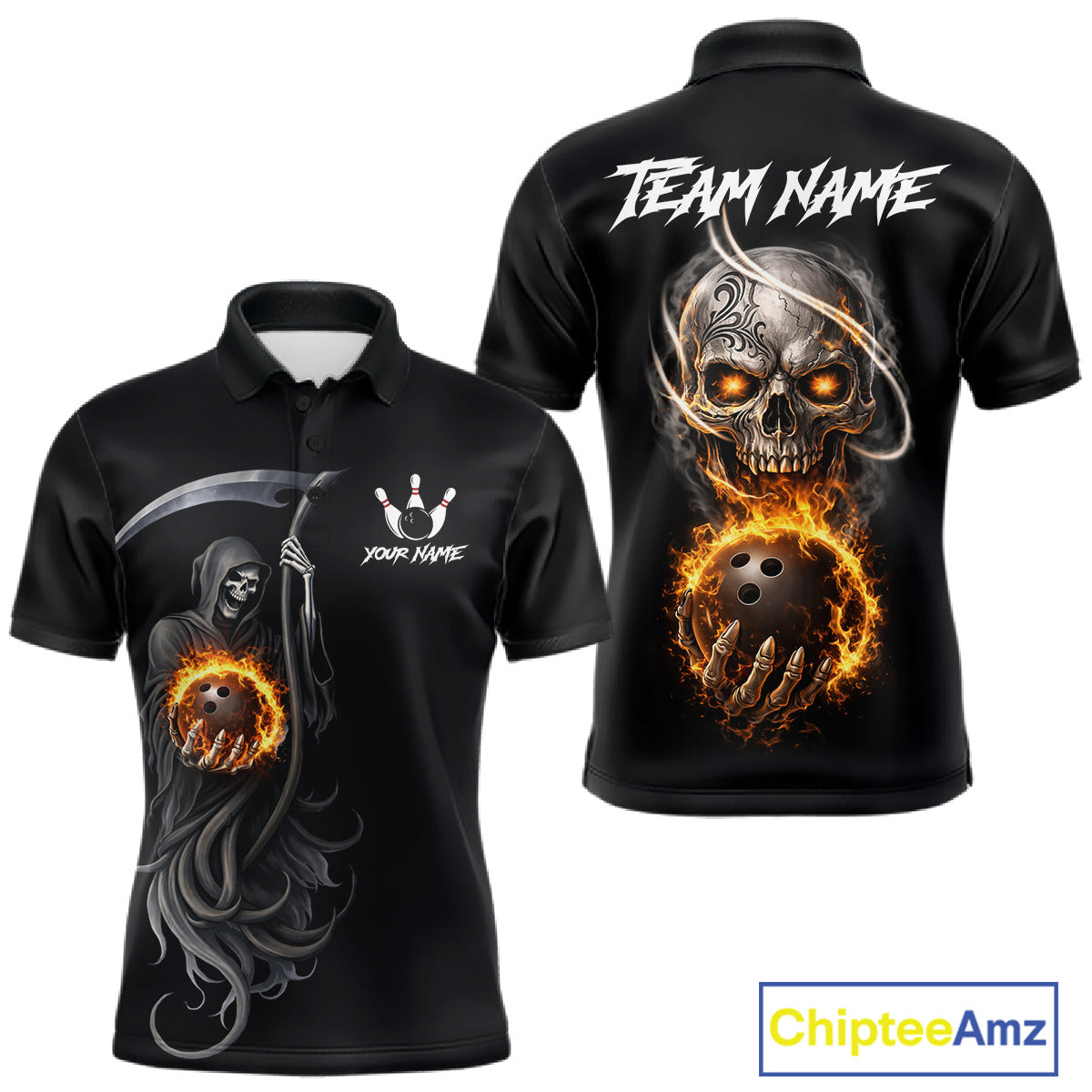 Flame Skull Reaper Bowling Polo, Quarter Zip Shirts For Men Custom Bowling Team Jerseys | Black NQS11745