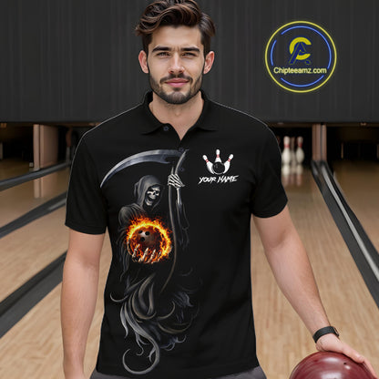 Flame Skull Reaper Bowling Polo, Quarter Zip Shirts For Men Custom Bowling Team Jerseys | Black NQS11745