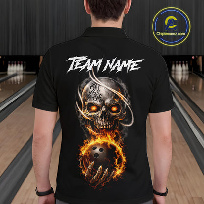 Flame Skull Reaper Bowling Polo, Quarter Zip Shirts For Men Custom Bowling Team Jerseys | Black NQS11745