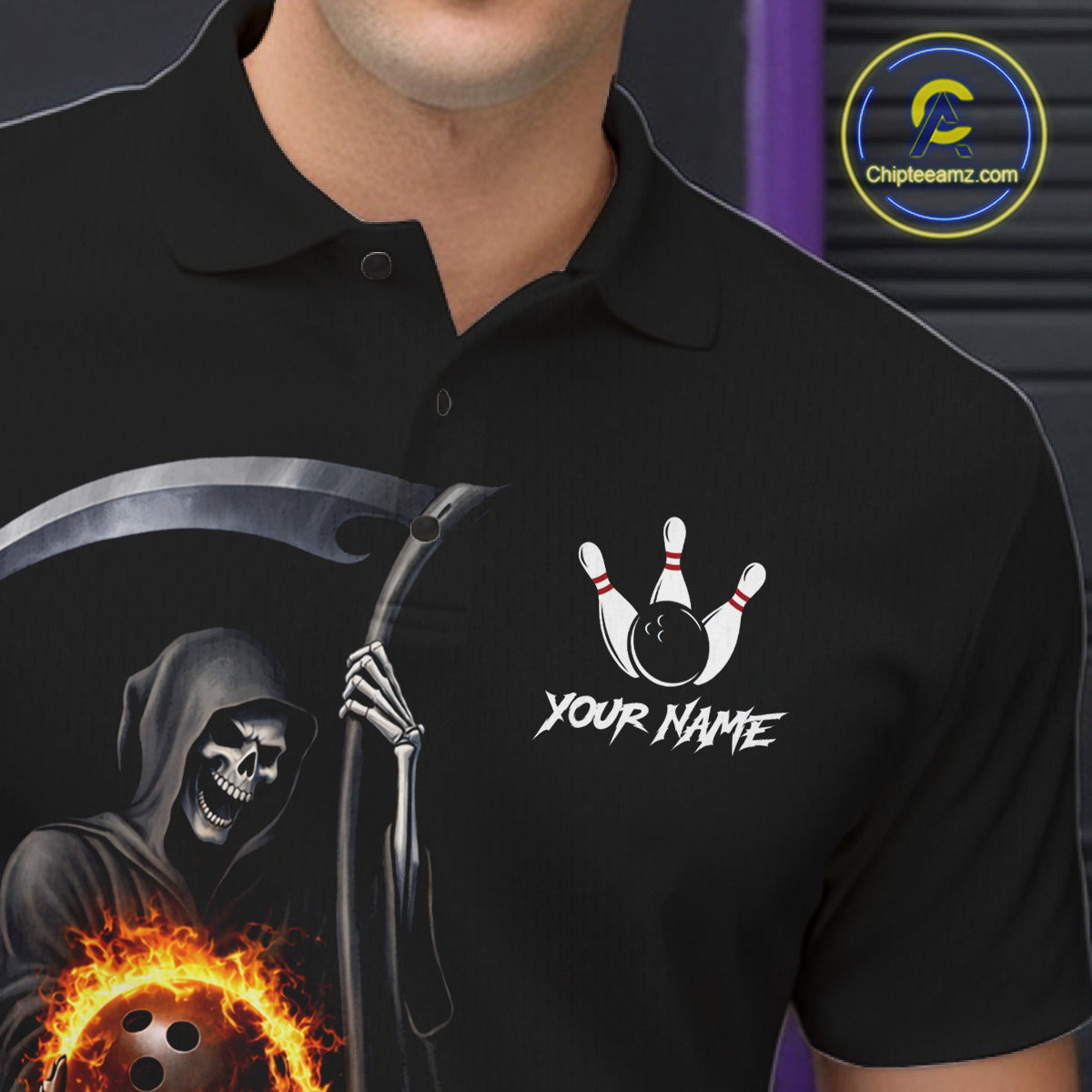 Flame Skull Reaper Bowling Polo, Quarter Zip Shirts For Men Custom Bowling Team Jerseys | Black NQS11745