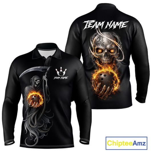 Flame Skull Reaper Bowling Polo, Quarter Zip Shirts For Men Custom Bowling Team Jerseys | Black NQS11745