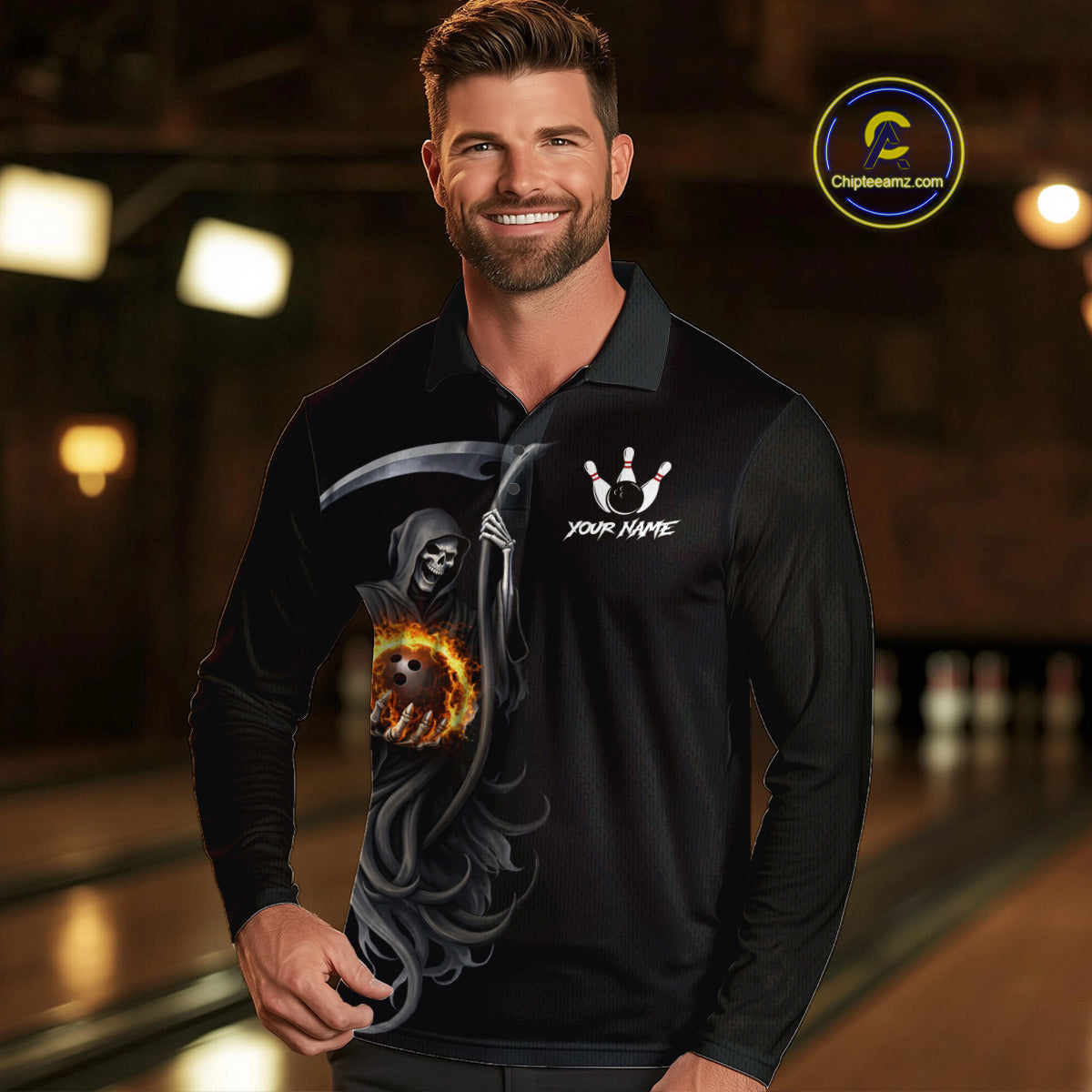 Flame Skull Reaper Bowling Polo, Quarter Zip Shirts For Men Custom Bowling Team Jerseys | Black NQS11745