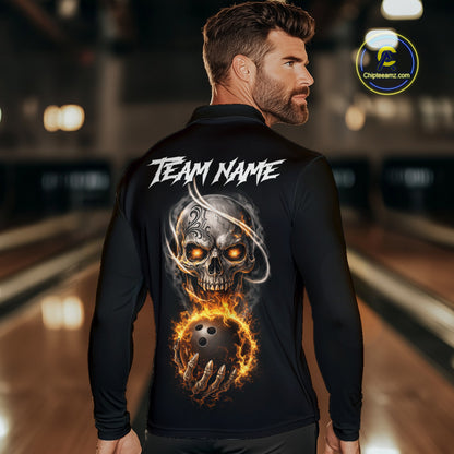 Flame Skull Reaper Bowling Polo, Quarter Zip Shirts For Men Custom Bowling Team Jerseys | Black NQS11745