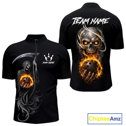 Flame Skull Reaper Bowling Polo, Quarter Zip Shirts For Men Custom Bowling Team Jerseys | Black NQS11745