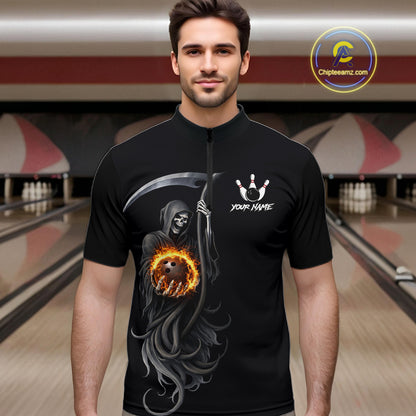 Flame Skull Reaper Bowling Polo, Quarter Zip Shirts For Men Custom Bowling Team Jerseys | Black NQS11745