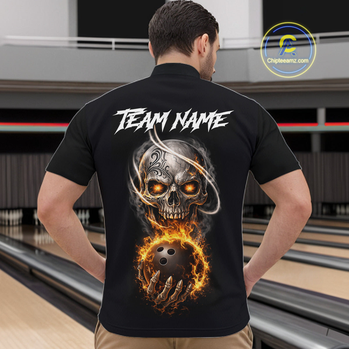 Flame Skull Reaper Bowling Polo, Quarter Zip Shirts For Men Custom Bowling Team Jerseys | Black NQS11745