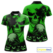 Load image into Gallery viewer, Custom Skull Golf Polo Shirts For Women Halloween Golf Outfits, personalized golf gifts | Green NQS10660