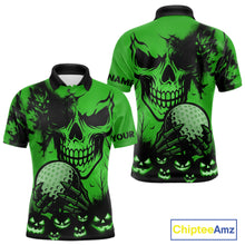 Load image into Gallery viewer, Custom Skull Golf Polo Shirts For Men Halloween Golf Outfits, personalized golf gifts | Green NQS10660