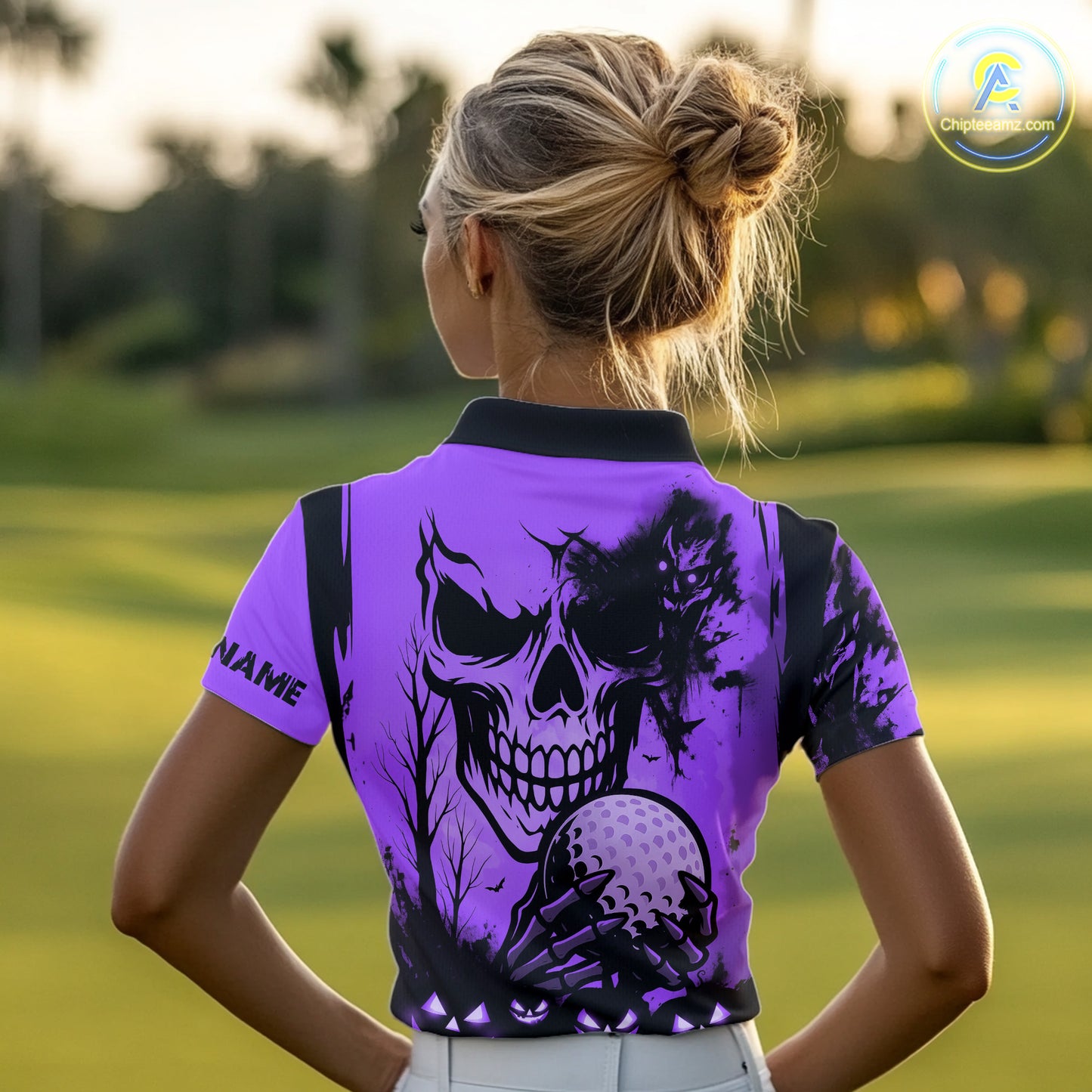 Custom Skull Golf Polo Shirts For Women Halloween Golf Outfits, personalized golf gifts | Purple NQS10661