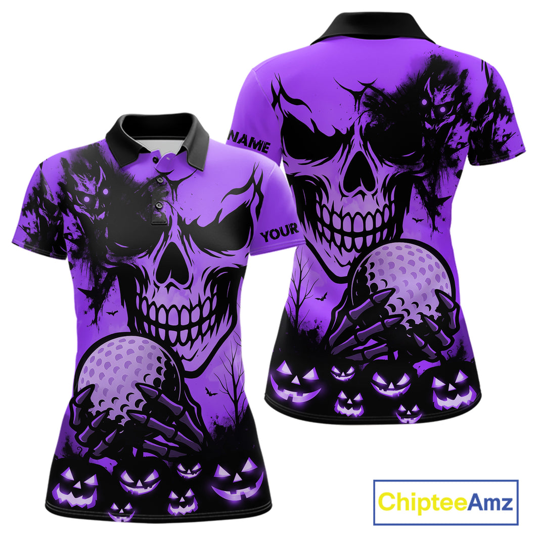 Custom Skull Golf Polo Shirts For Women Halloween Golf Outfits, personalized golf gifts | Purple NQS10661