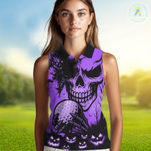 Load image into Gallery viewer, Skull Women&#39;s Sleeveless Polo Shirt Halloween Golf Outfits, Halloween golf gifts | Purple NQS10661