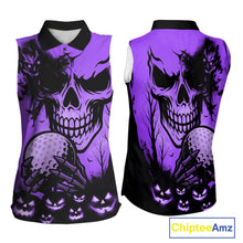 Load image into Gallery viewer, Skull Women&#39;s Sleeveless Polo Shirt Halloween Golf Outfits, Halloween golf gifts | Purple NQS10661