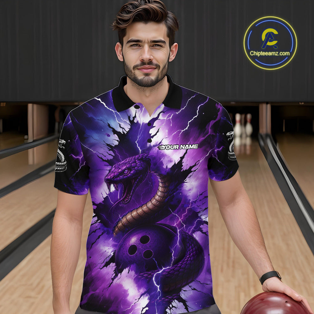 Custom Black And Purple Thunder Lightning Cobra Snake Bowling Men Polo, Quarter Zip Shirts For Team NQS10670