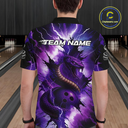 Custom Black And Purple Thunder Lightning Cobra Snake Bowling Men Polo, Quarter Zip Shirts For Team NQS10670