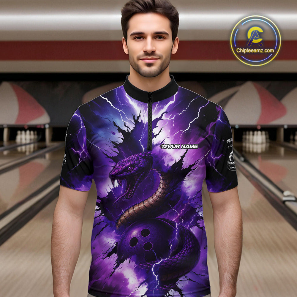 Custom Black And Purple Thunder Lightning Cobra Snake Bowling Men Polo, Quarter Zip Shirts For Team NQS10670