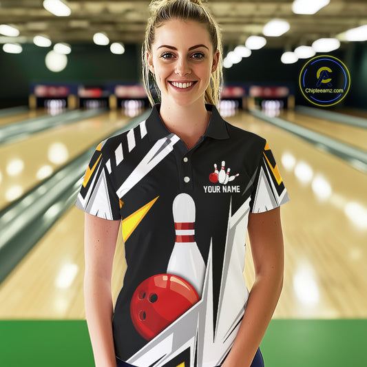 Black, White and Gold Women's bowling Polo, Quarter Zip shirts Custom Team bowling league jerseys NQS11264