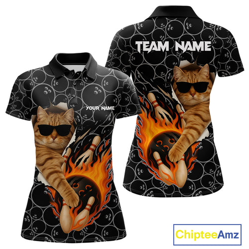 Custom Funny Cat Bowling shirts for women, black camo flame cool bowling uniform for team bowlers NQS11074