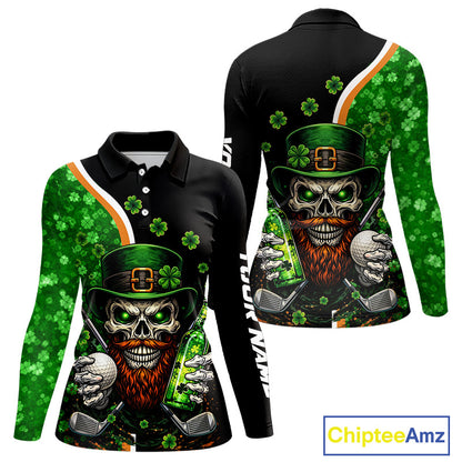 Green shamrock pattern St Patrick Skull Golf and Beer Polo shirts for Women Custom ladies golf tops NQS11483