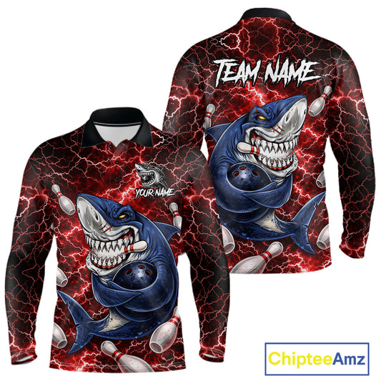 Red Lightning Thunder Angry Shark Bowling shirts For Men Custom Shark Bowling Team Jerseys NQS11756