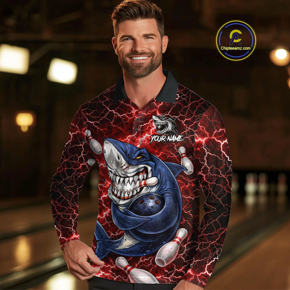 Red Lightning Thunder Angry Shark Bowling shirts For Men Custom Shark Bowling Team Jerseys NQS11756