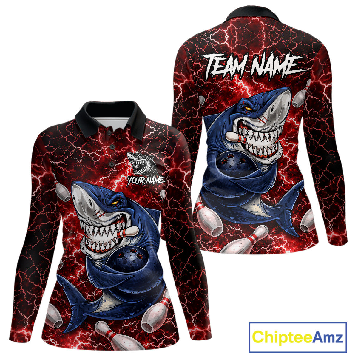 Red Lightning Thunder Angry Shark Bowling shirts For Women Custom Shark Bowling Team Jerseys NQS11756