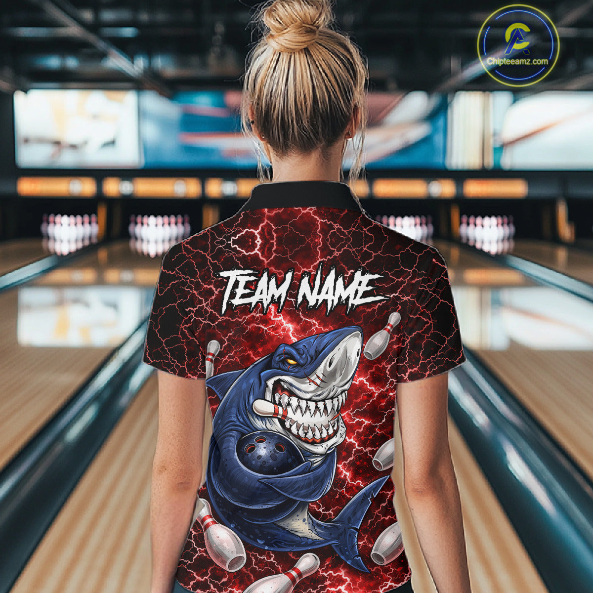 Red Lightning Thunder Angry Shark Bowling shirts For Women Custom Shark Bowling Team Jerseys NQS11756