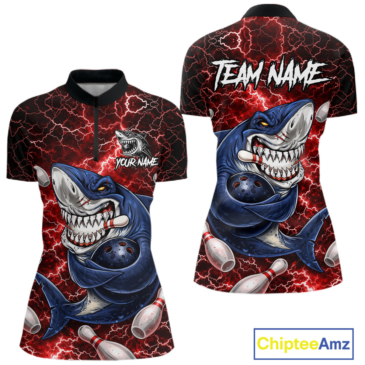 Red Lightning Thunder Angry Shark Bowling shirts For Women Custom Shark Bowling Team Jerseys NQS11756
