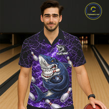 Load image into Gallery viewer, Purple Lightning Thunder Angry Shark Bowling button-up shirts Custom Shark Hawaiian Bowling Jersey NQS11757