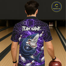 Load image into Gallery viewer, Purple Lightning Thunder Angry Shark Bowling button-up shirts Custom Shark Hawaiian Bowling Jersey NQS11757