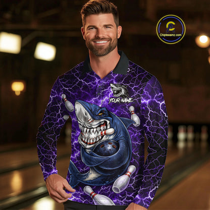 Purple Lightning Thunder Angry Shark Bowling shirts For Men Custom Shark Bowling Team Jerseys NQS11757