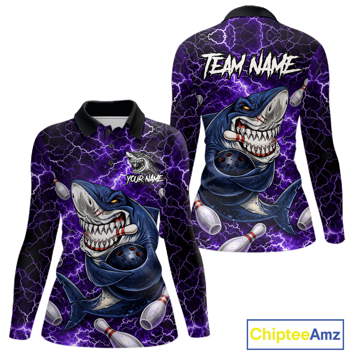 Purple Lightning Thunder Angry Shark Bowling shirts For Women Custom Shark Bowling Team Jerseys NQS11757