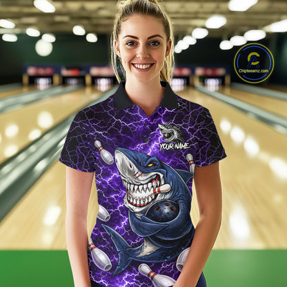 Purple Lightning Thunder Angry Shark Bowling shirts For Women Custom Shark Bowling Team Jerseys NQS11757