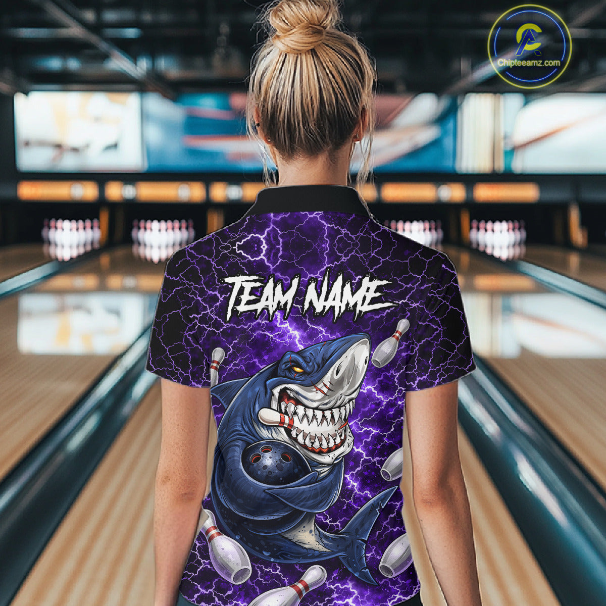 Purple Lightning Thunder Angry Shark Bowling shirts For Women Custom Shark Bowling Team Jerseys NQS11757