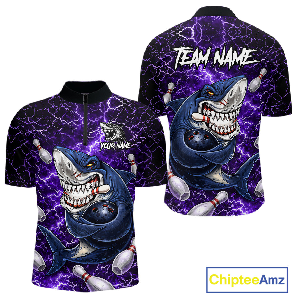 Purple Lightning Thunder Angry Shark Bowling shirts For Men Custom Shark Bowling Team Jerseys NQS11757