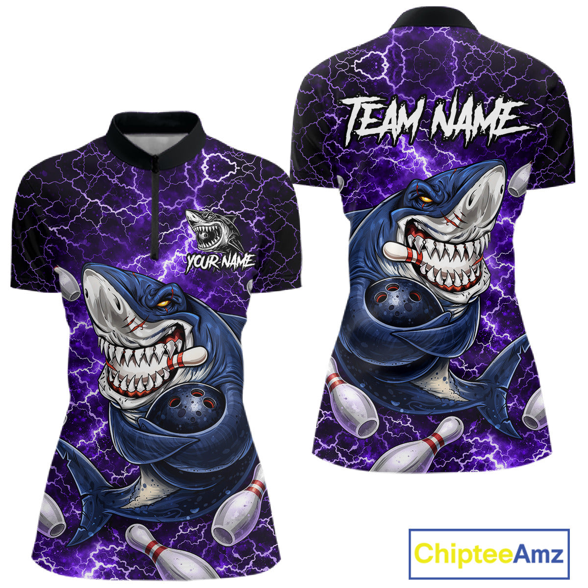 Purple Lightning Thunder Angry Shark Bowling shirts For Women Custom Shark Bowling Team Jerseys NQS11757