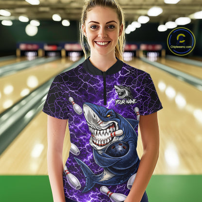 Purple Lightning Thunder Angry Shark Bowling shirts For Women Custom Shark Bowling Team Jerseys NQS11757