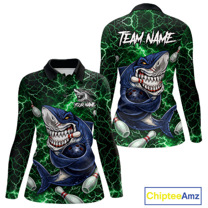 Green Lightning Thunder Angry Shark Bowling shirts For Women Custom Shark Bowling Team Jerseys NQS11758