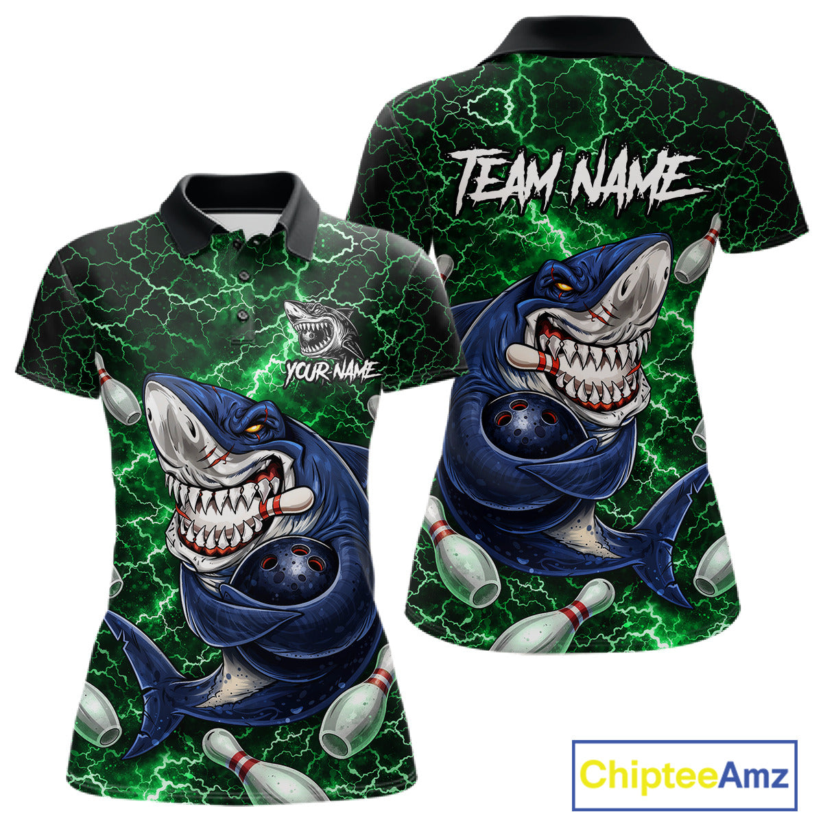 Green Lightning Thunder Angry Shark Bowling shirts For Women Custom Shark Bowling Team Jerseys NQS11758