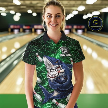 Green Lightning Thunder Angry Shark Bowling shirts For Women Custom Shark Bowling Team Jerseys NQS11758